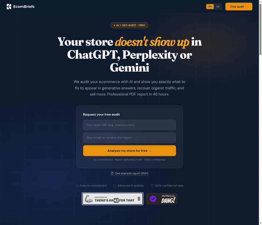 Audits e-commerce stores for AI visibility in ChatGPT and Perplexity