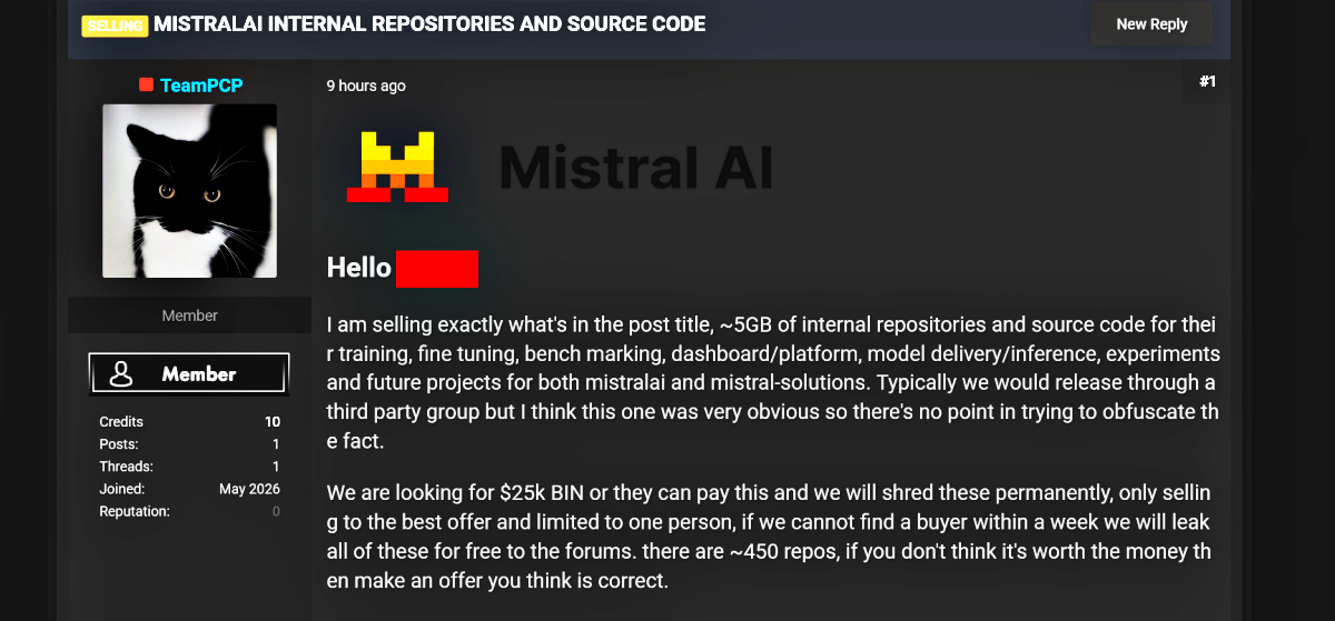 TeamPCP claims to be selling alleged Mistral AI repositories on a hacker forum after the Mini Shai-Hulud attack targeted npm and PyPI ecosystems.