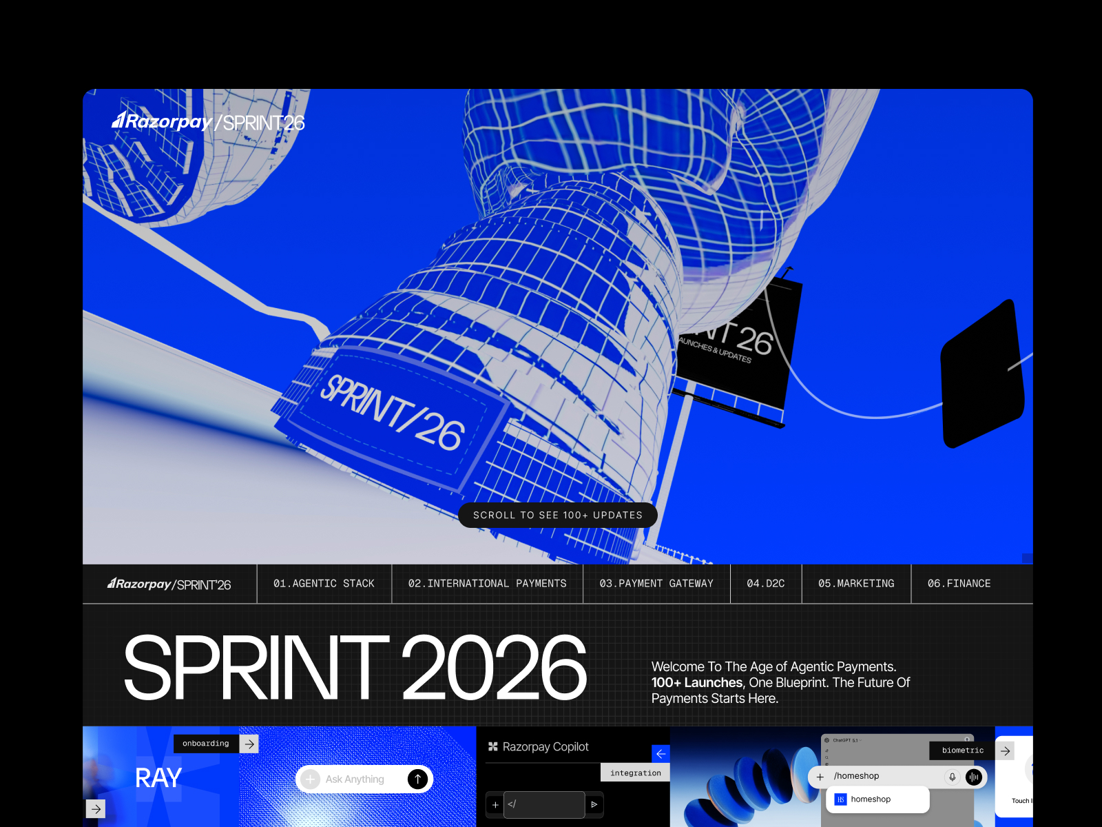 An immersive journey into the future of AI-led payments. Razorpay Sprint26 is about 100+ product updates brought to life through 100+ scroll and click triggered interactions.