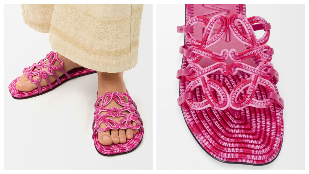Slide in all-over embroidered cotton canvas blending mixed shades of color threads, featuring a cut-out Anagram upper with hand-stitched seams and a petal toe shape. Loewe Petal Anagram Embroidered Slide. Yea or Nay, Darlings? Photo Credit: loewe.com Accessor…