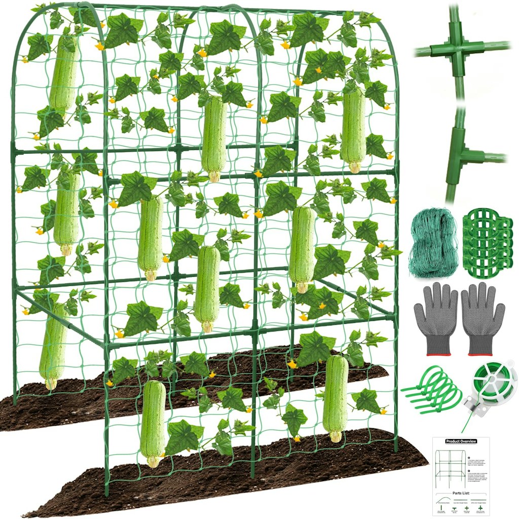 At Amazon, get this 50" x 34" Cucumber Trellis for $16. It's the best price we could find by $13. The kit measures 34" x 27.5" x 50" and includes netting, 100 garden ties, 20 plant support clips, and all connectors needed for assembly. Shop Now at Amazon