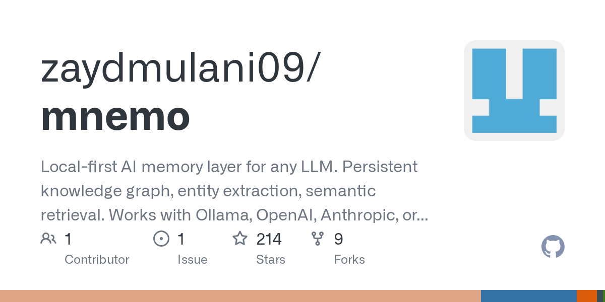 Local-first AI memory layer for any LLM. Persistent knowledge graph, entity extraction, semantic retrieval. Works with Ollama, OpenAI, Anthropic, or any OpenAI-compatible backend. - zaydmulani09/mnemo